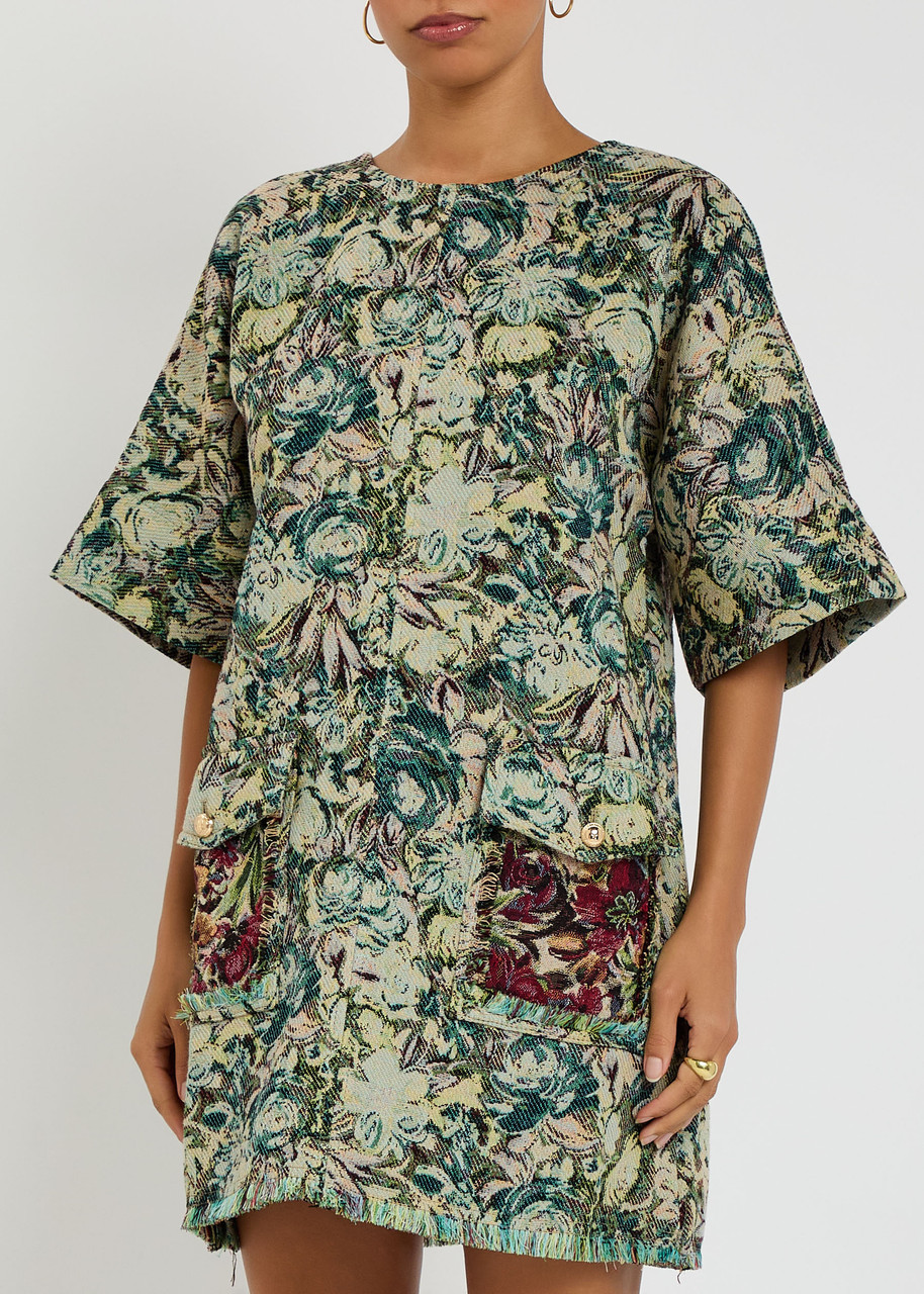 Ganni Tapestry Patterned-jacquard Woven Mini Kimono Dress In Green