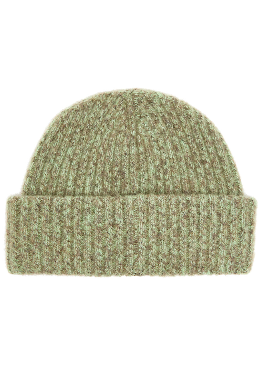 Ganni Melange Brushed Wool-blend Beanie In Green