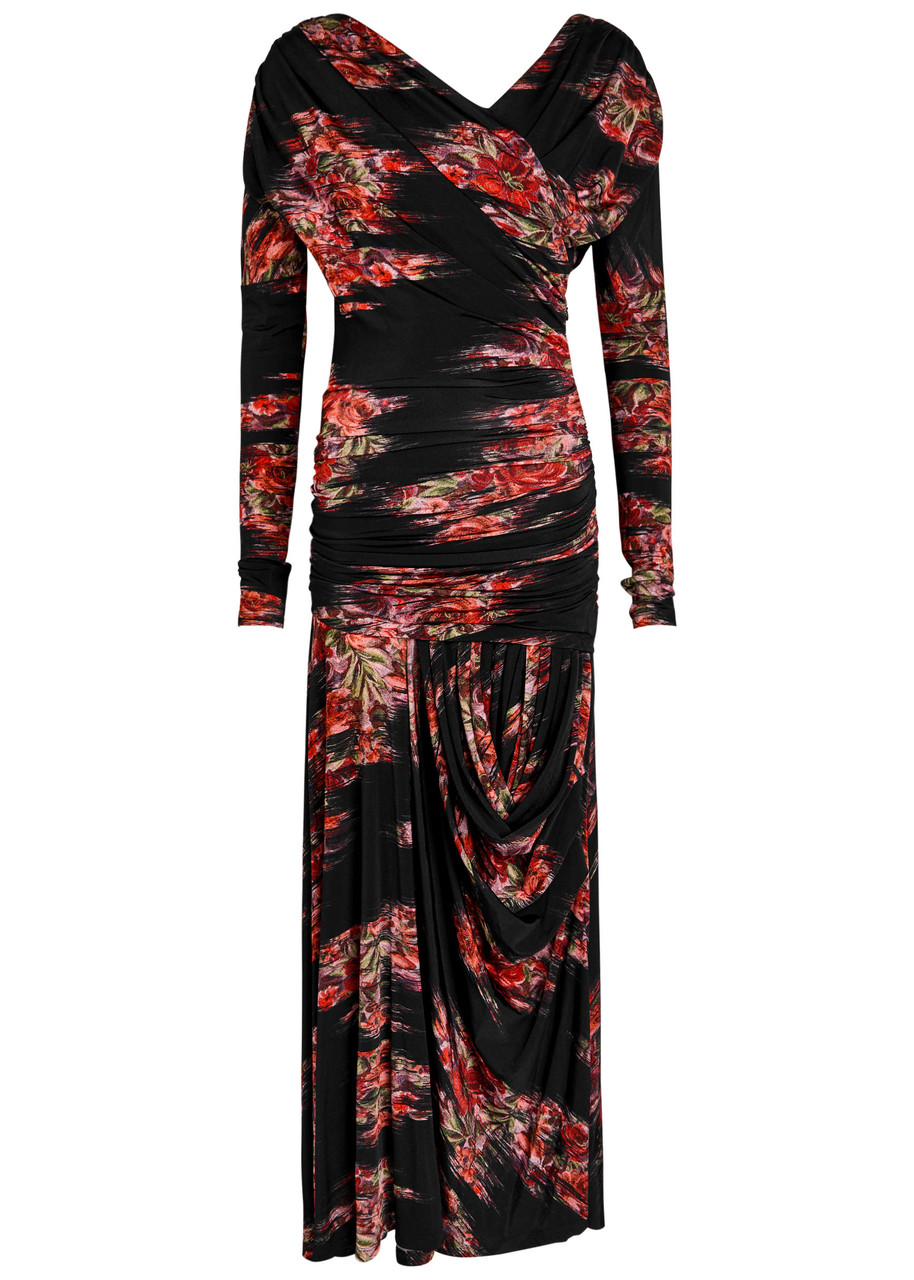 Ganni Floral Ruched Jersey Maxi Dress In Black
