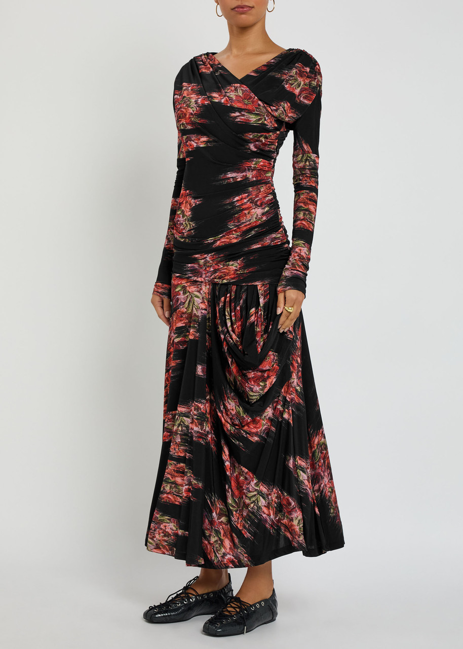 Ganni Floral Ruched Jersey Maxi Dress In Black