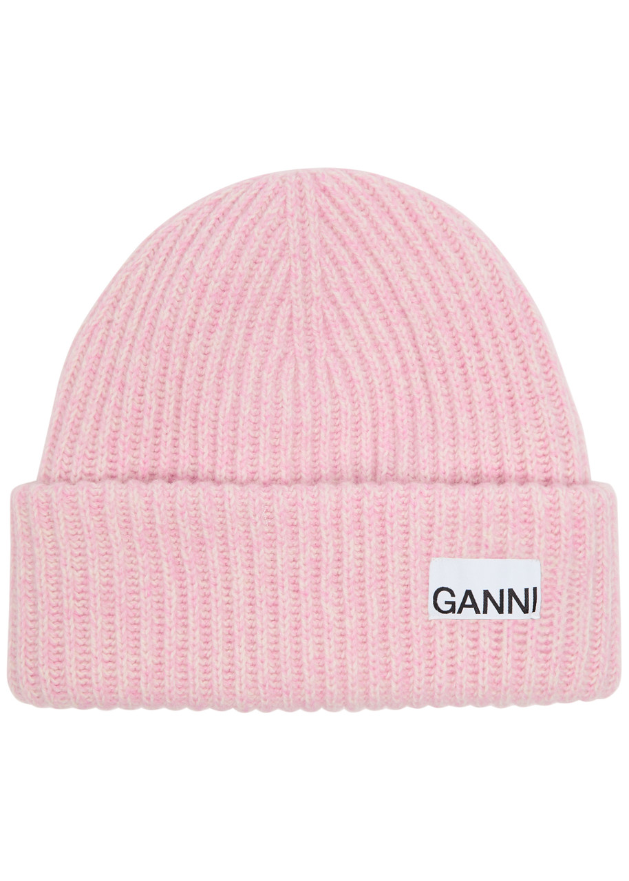 Ganni Wool-blend Light Structured Rib-knit Beanie In Pink