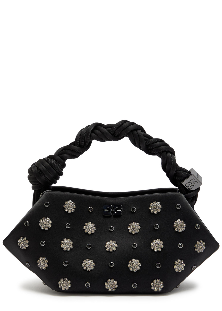 Ganni Bou Mini Crystal-embellished Satin Top Handle Bag In Black