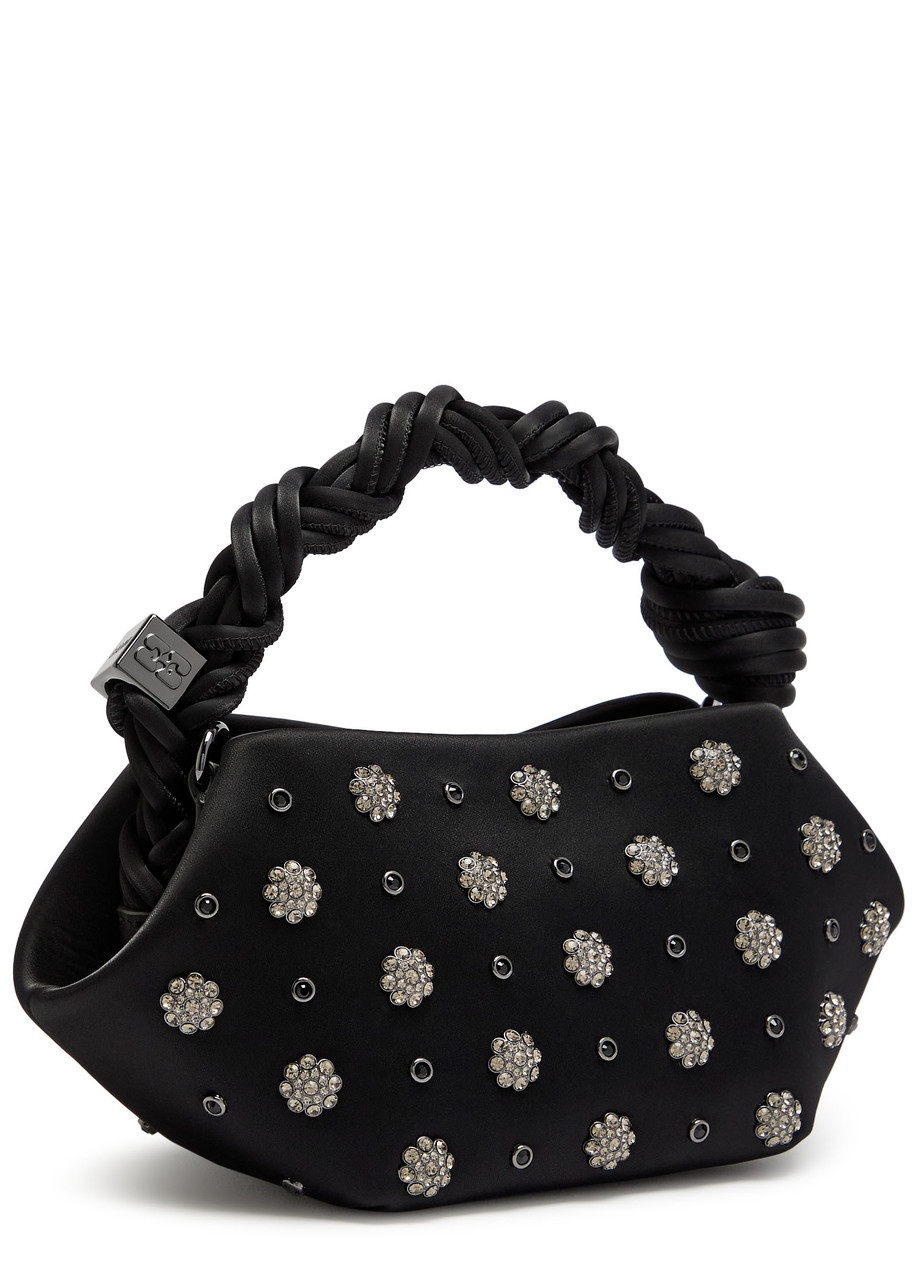Ganni Bou Mini Crystal-embellished Satin Top Handle Bag In Black