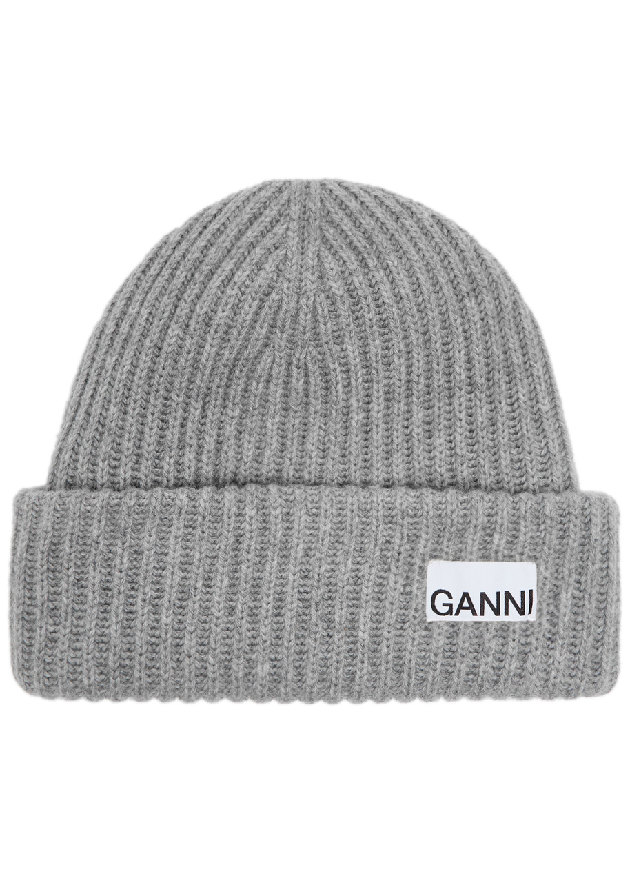 Ganni Logo Ribbed Wool-blend Beanie - Grey - One Size