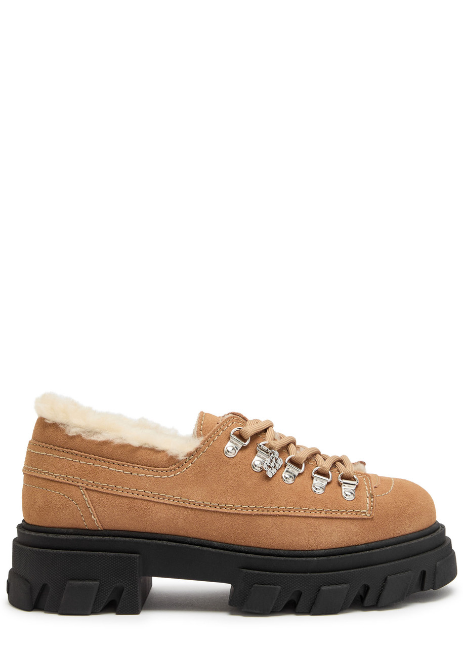 Ganni Faux Shearling-trimmed Suede Derby Shoes In Brown