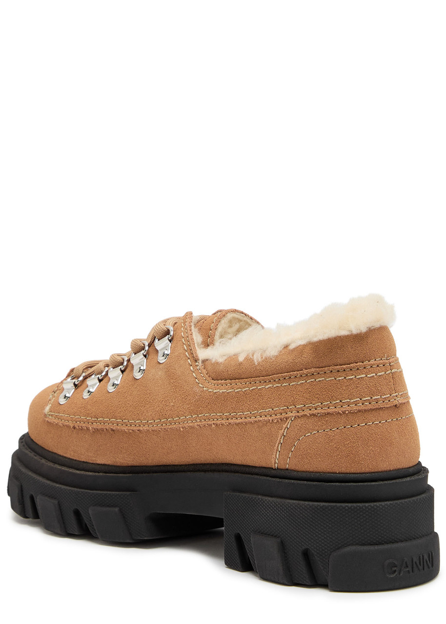 Ganni Faux Shearling-trimmed Suede Derby Shoes In Brown