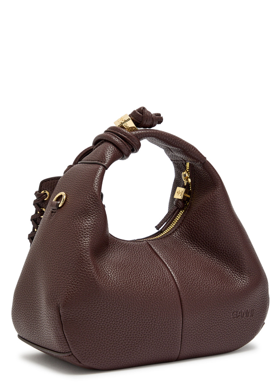 Ganni Mini Leather Hobo Bag In Brown