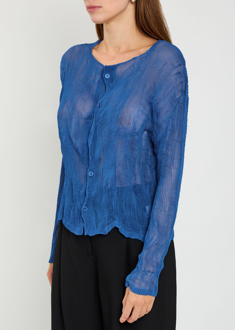 Issey Miyake Uni-form Pleated Sheer Chiffon Blouse In Blue