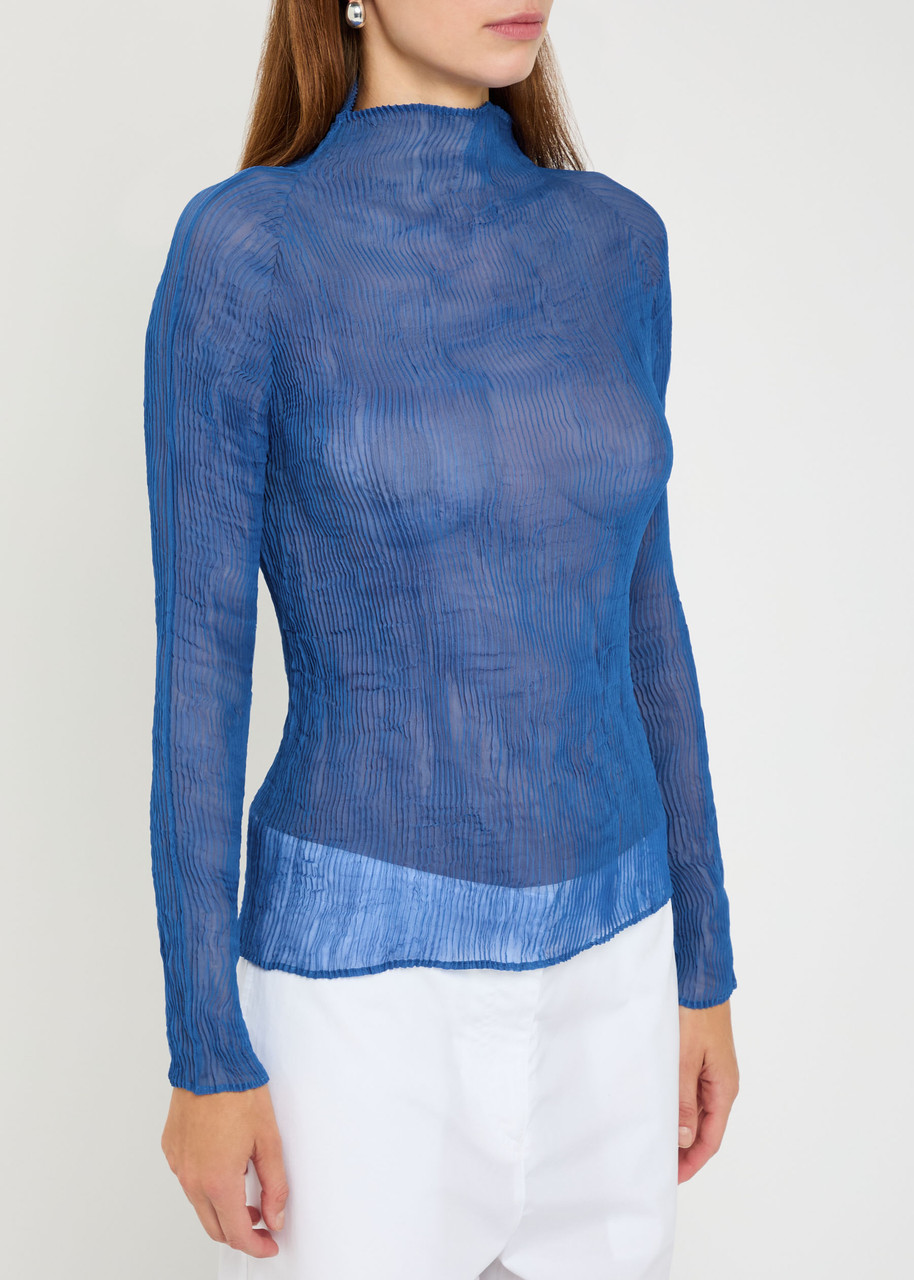 Issey Miyake Pleated Sheer Chiffon Top In Blue