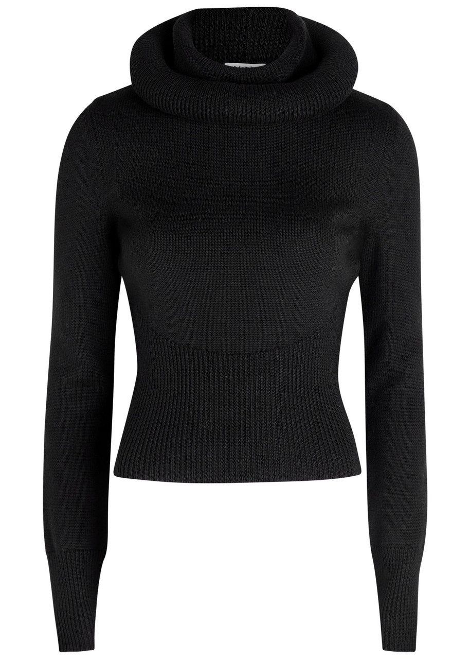 Alaïa Ribbed Sweater With Sculptural Hoodie Clothing In Black