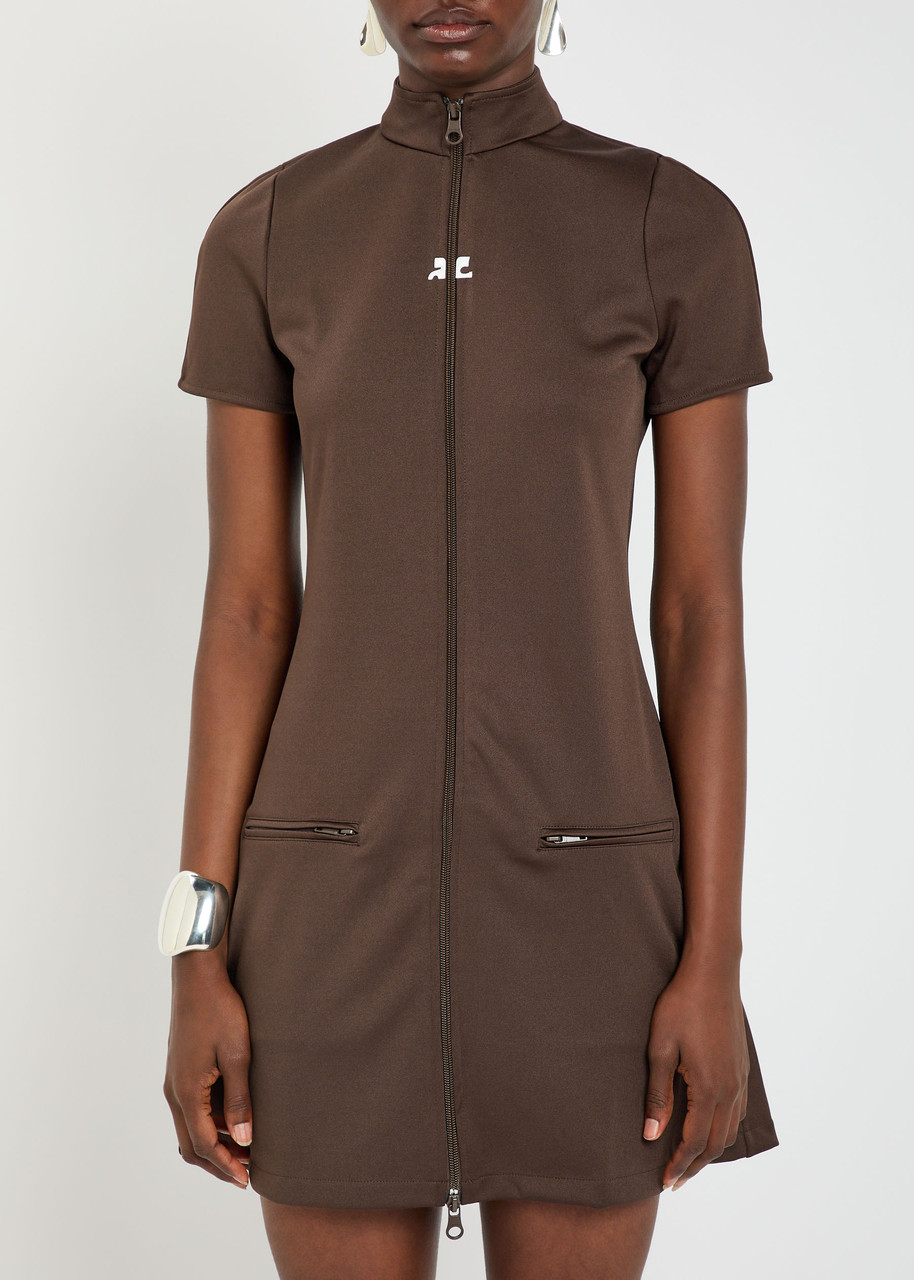 Courrèges Logo-embroidered Jersey Mini Dress In Brown