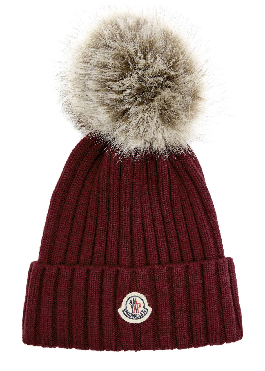 Moncler Ribbed Wool Bobble hat - Red Dark - One Size