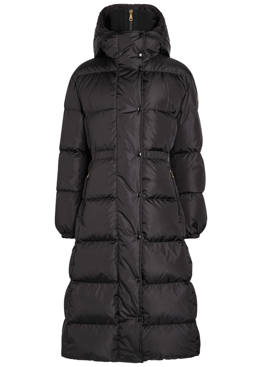 Moncler The Long Down Jacket With Hood And Wool Trims In Black