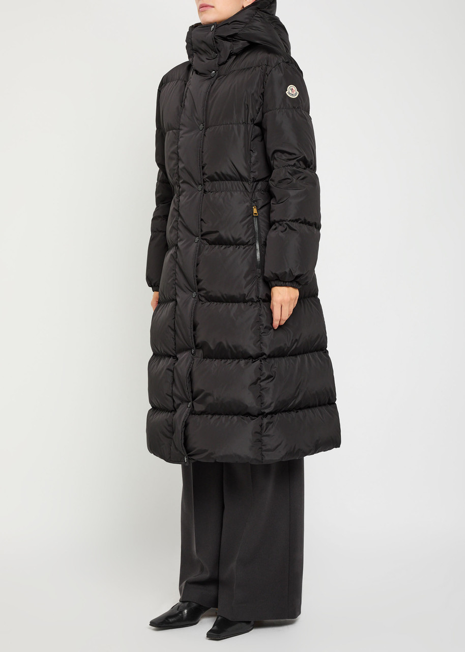 Moncler The Long Down Jacket With Hood And Wool Trims In Black