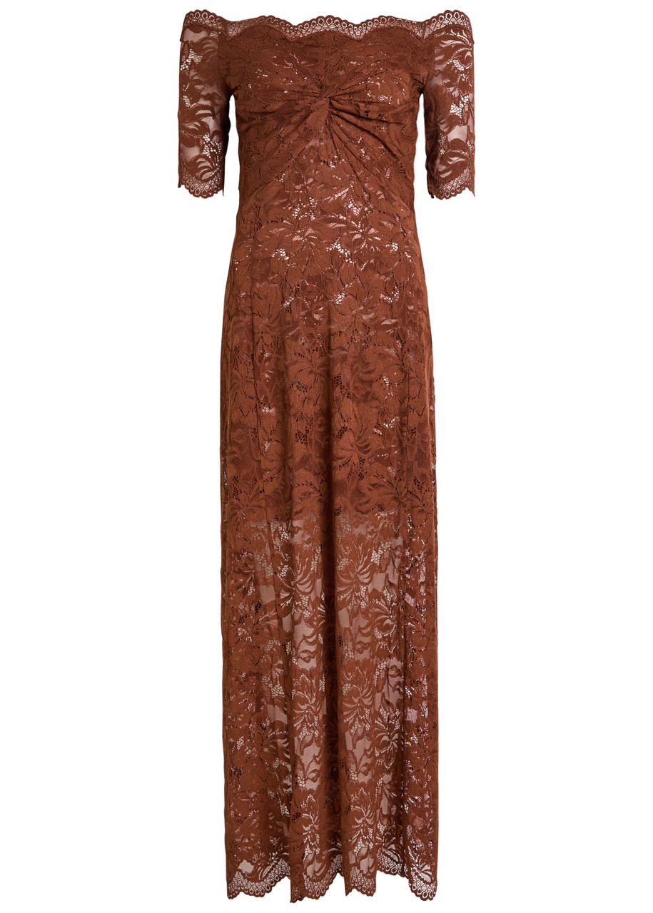 Rabanne Floral Stretch-guipure Lace Midi Dress In Brown