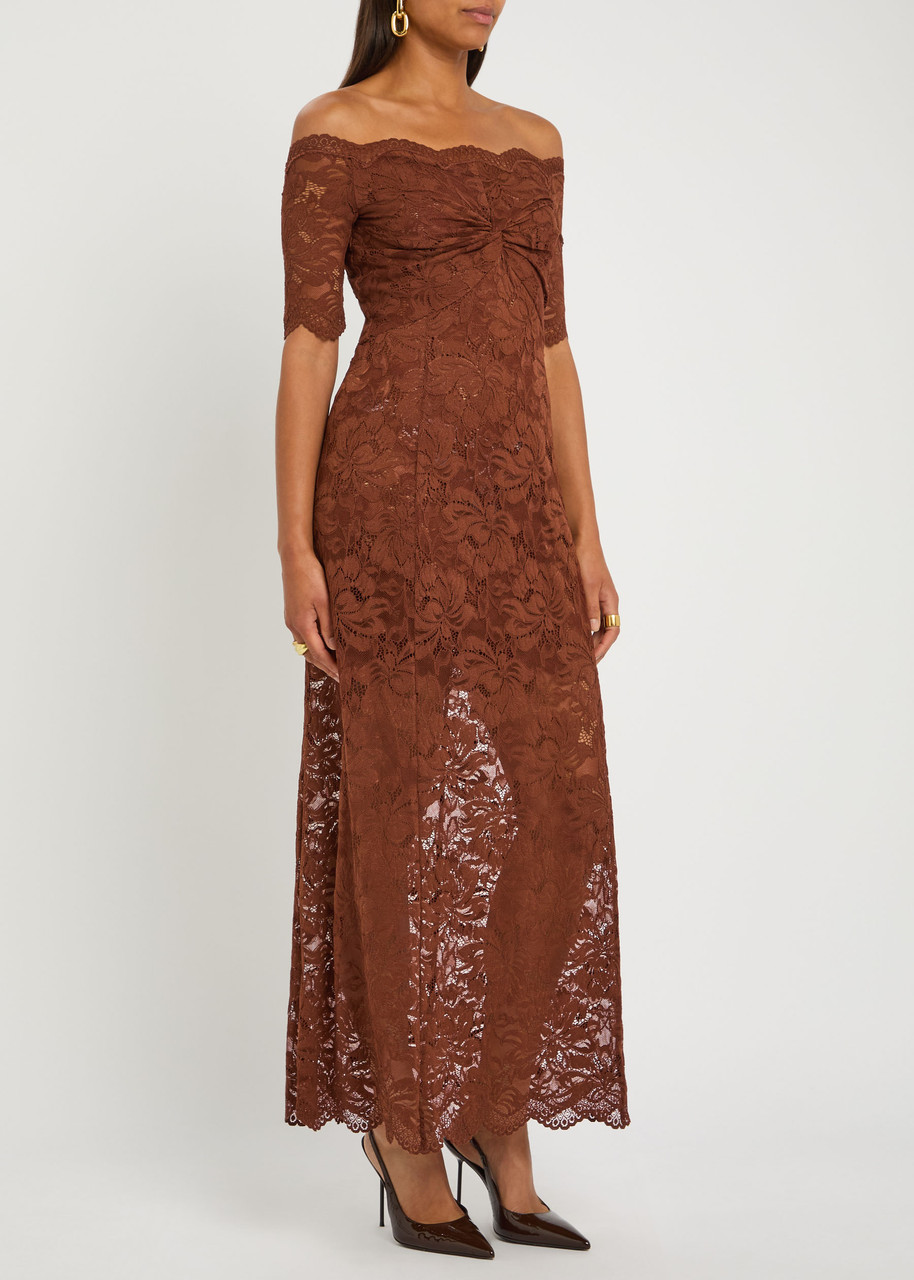 Rabanne Floral Stretch-guipure Lace Midi Dress In Brown