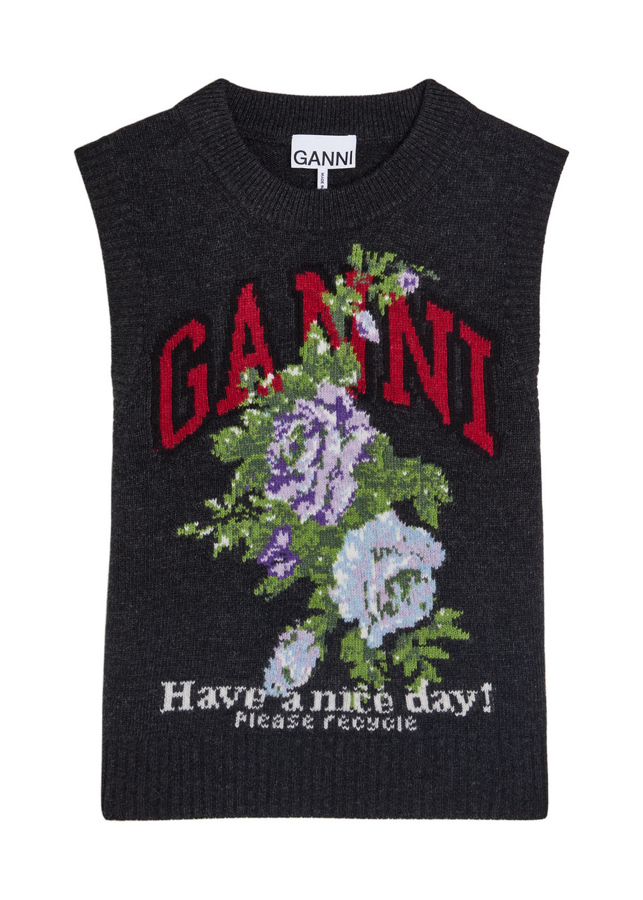 Ganni Wool Jacquard Flowers Sweater Vest In Black