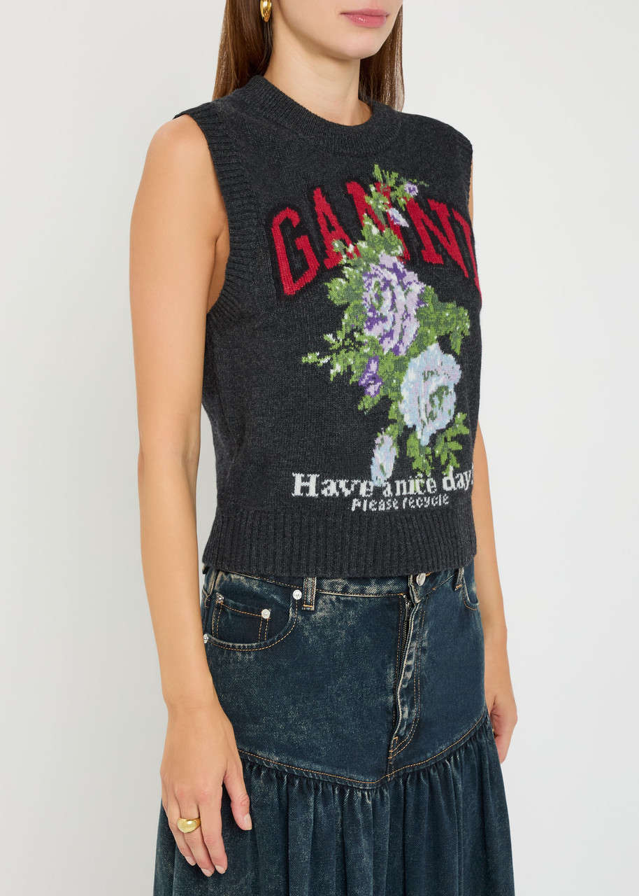 Ganni Wool Jacquard Flowers Sweater Vest In Black