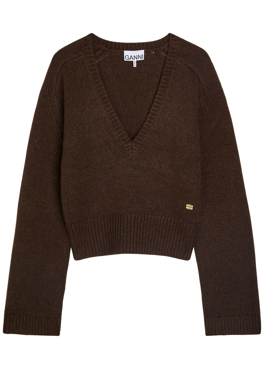 Ganni V-neck Wool-blend Jumper In Black