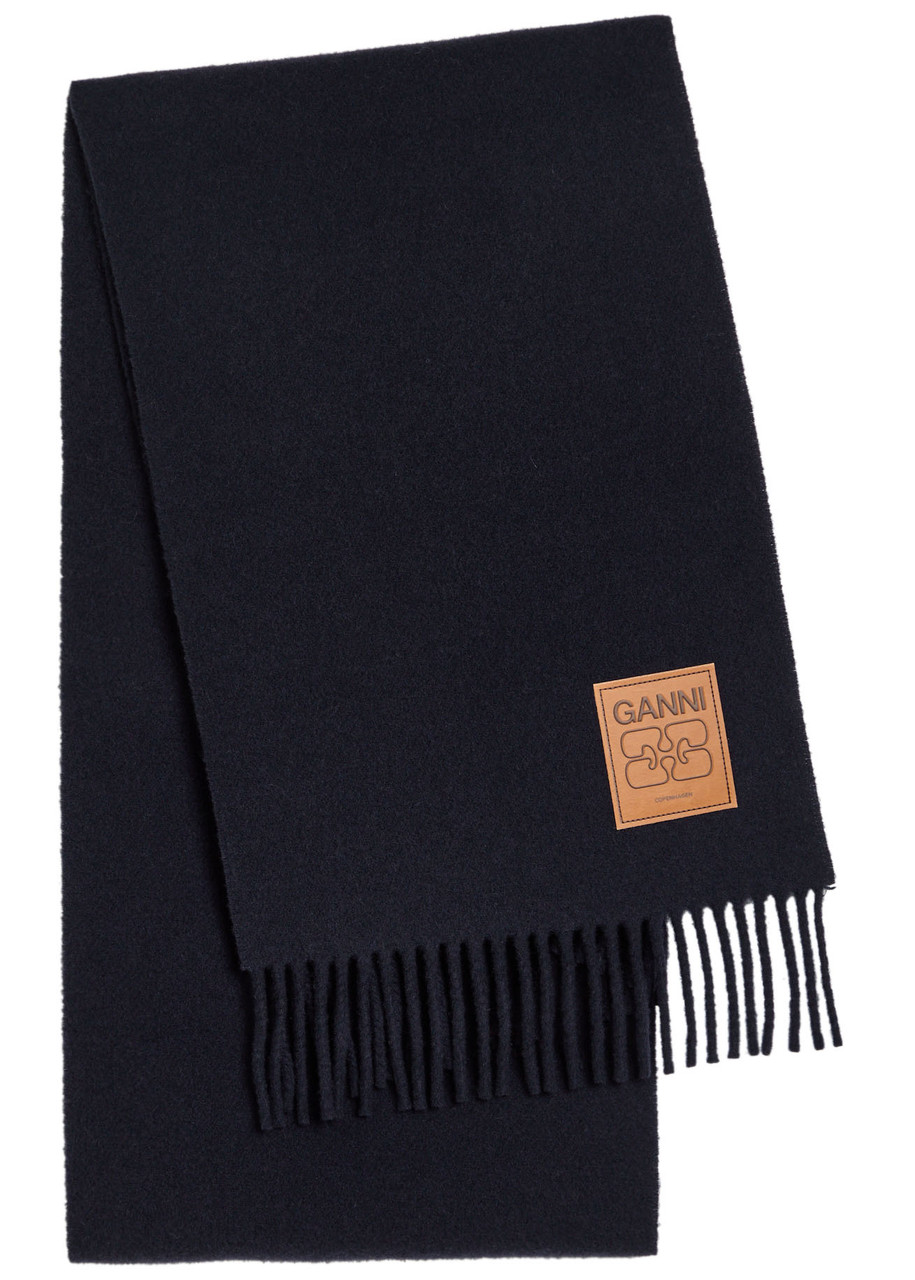 Ganni Fringed Scarf With Logo Plaque In Black