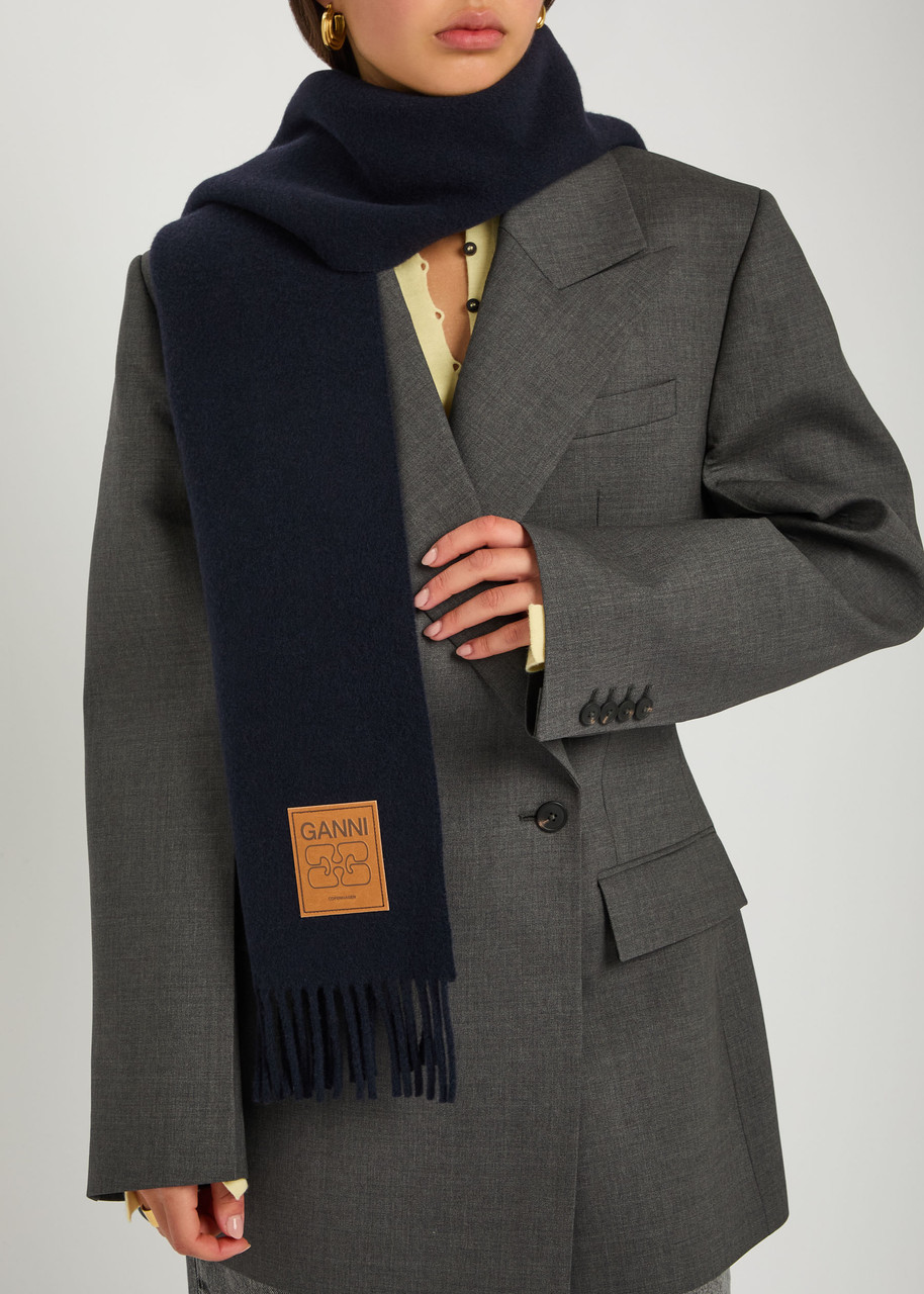 Ganni Fringed Scarf With Logo Plaque In Black