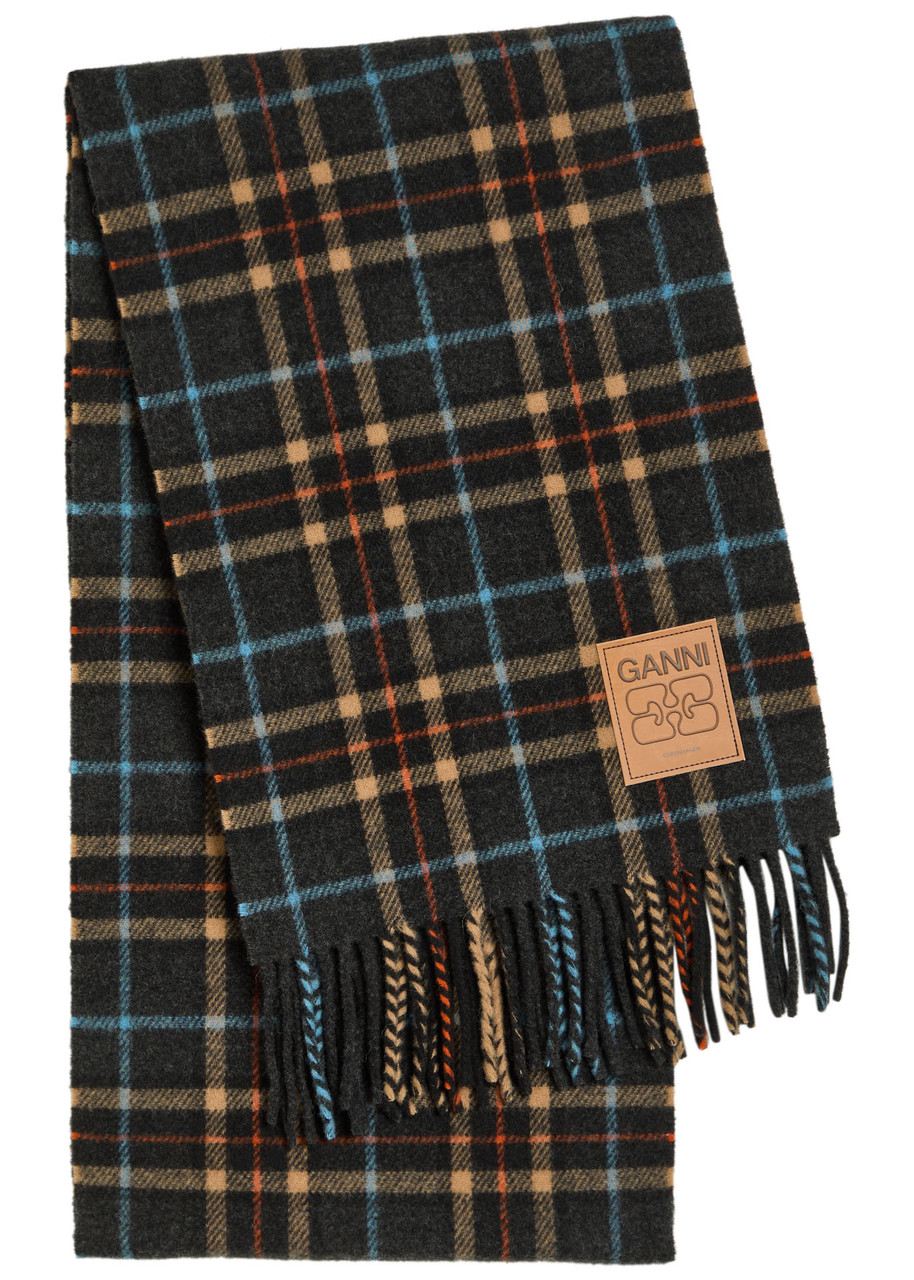 Ganni Checked Fringed Wool Scarf In Black