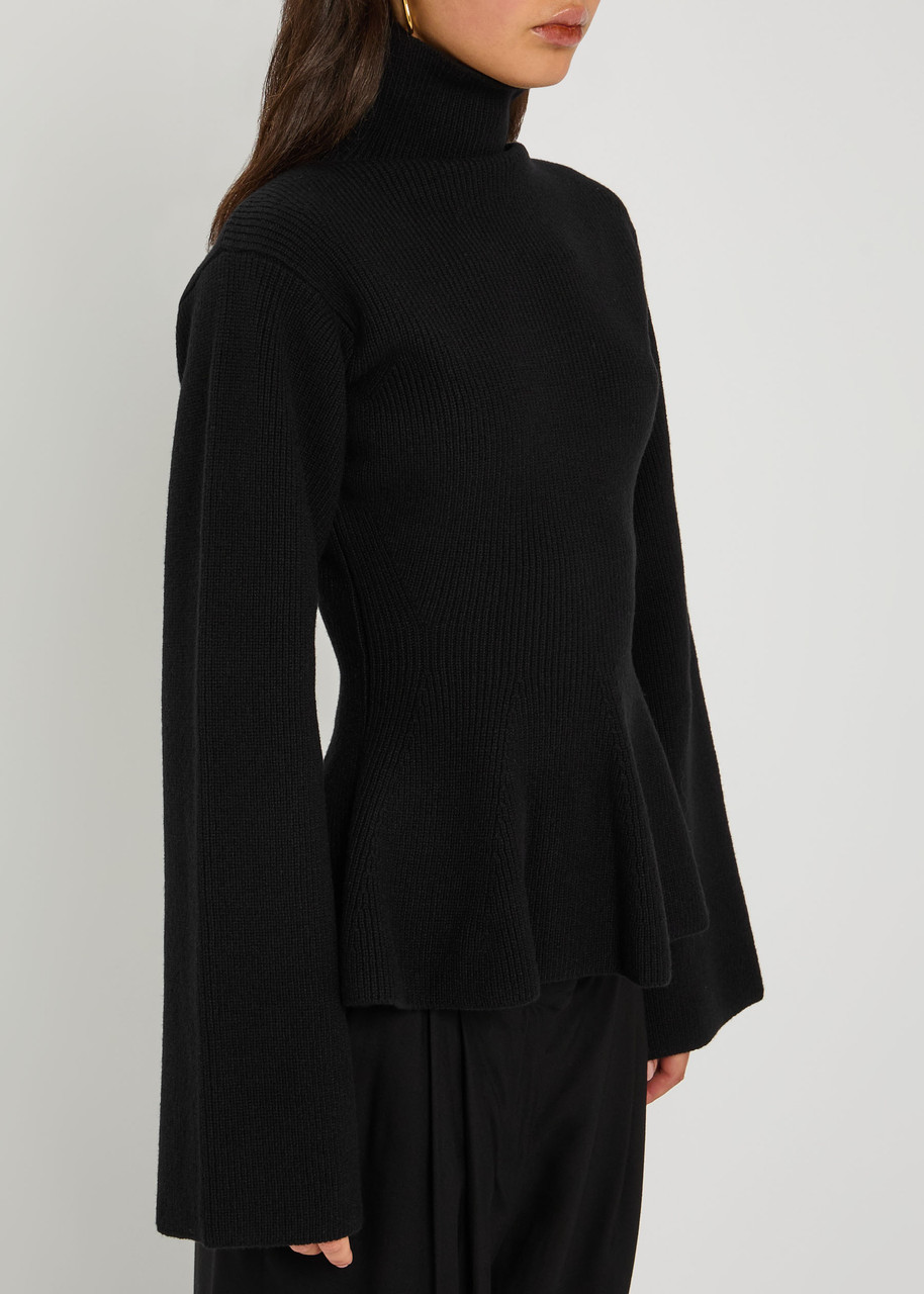 Rohe Flared-hem Ribbed Wool And Cashmere-blend Jumper In Black