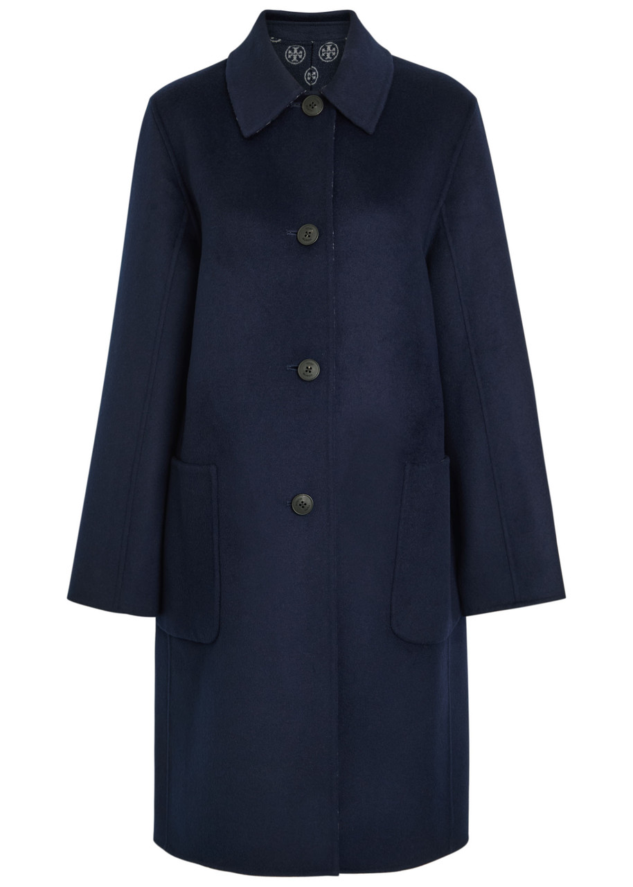 Tory Burch Logo-intarsia Wool-blend Coat In Blue