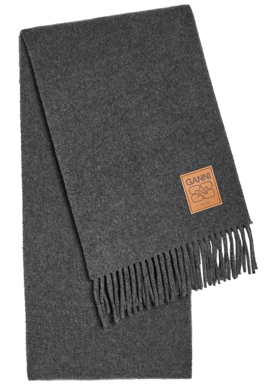 Ganni Designer-appliqué Fringed Wool Scarf - Grey - One Size