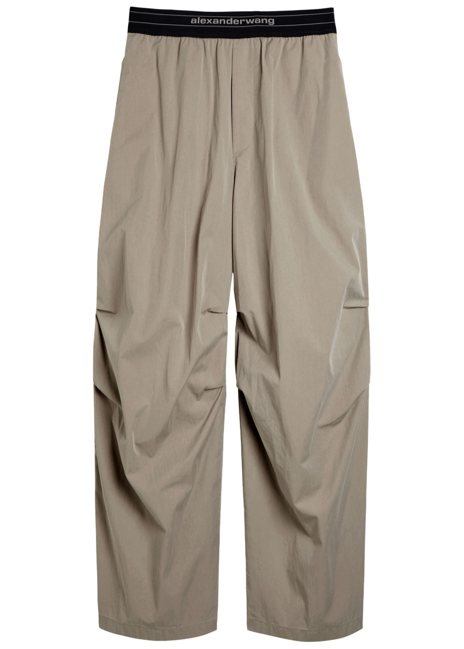 Alexander Wang Logo Gathered Cotton-blend Wide-leg Trousers In Neutral