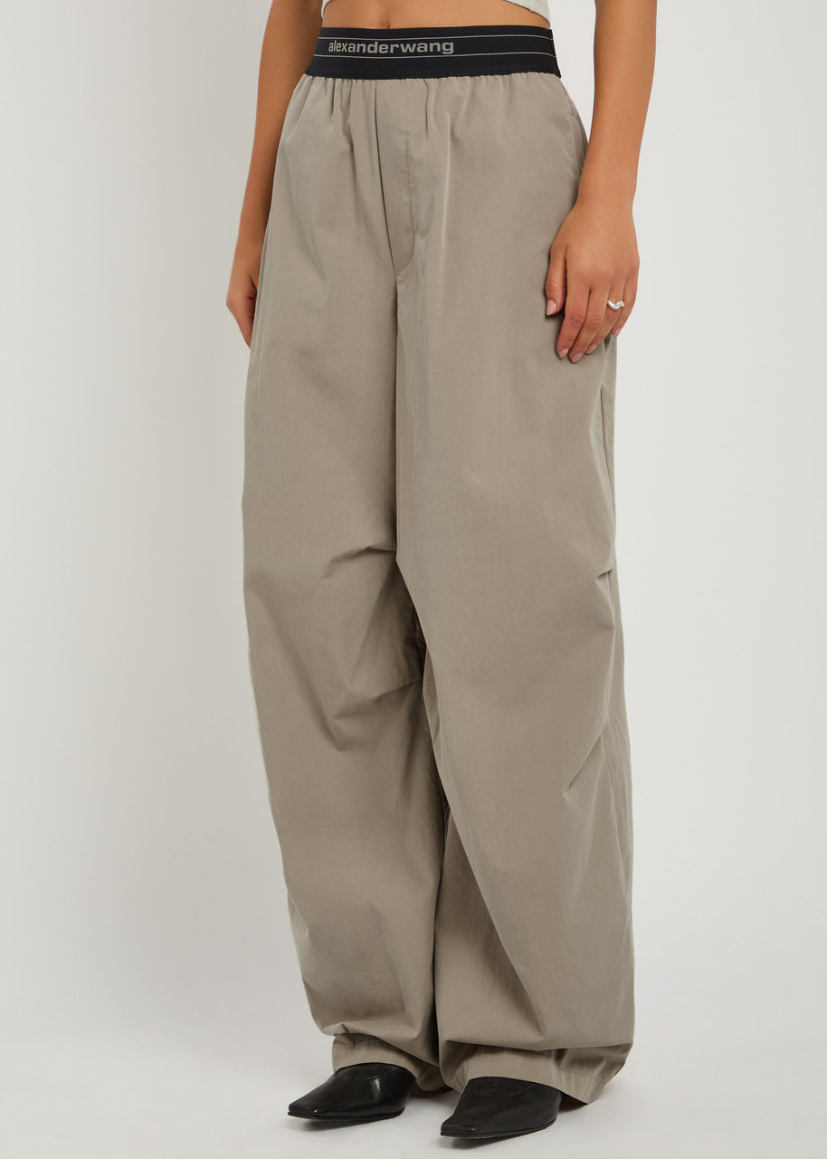 Alexander Wang Logo Gathered Cotton-blend Wide-leg Trousers In Neutral