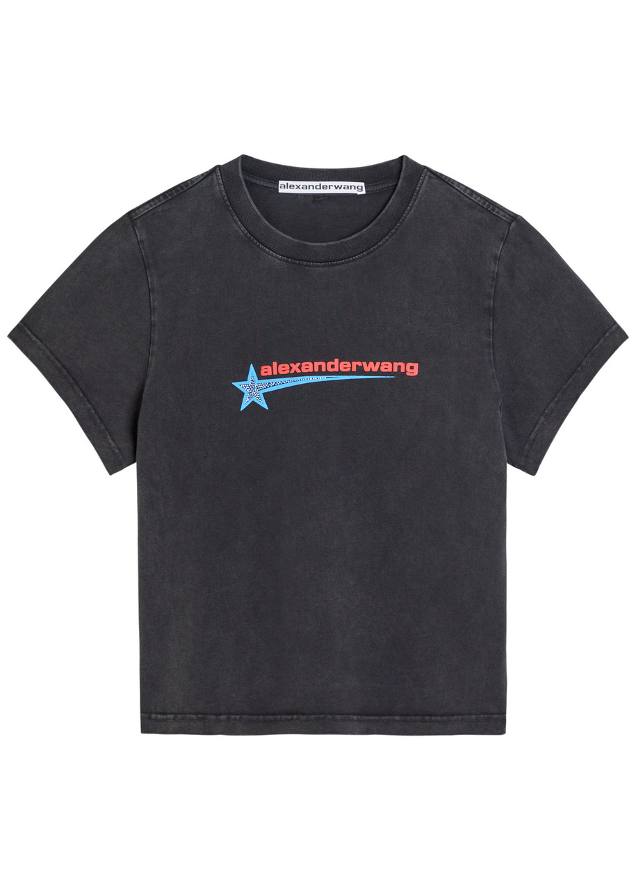 Alexander Wang Logo-print Embellished Cropped Cotton T-shirt In Black