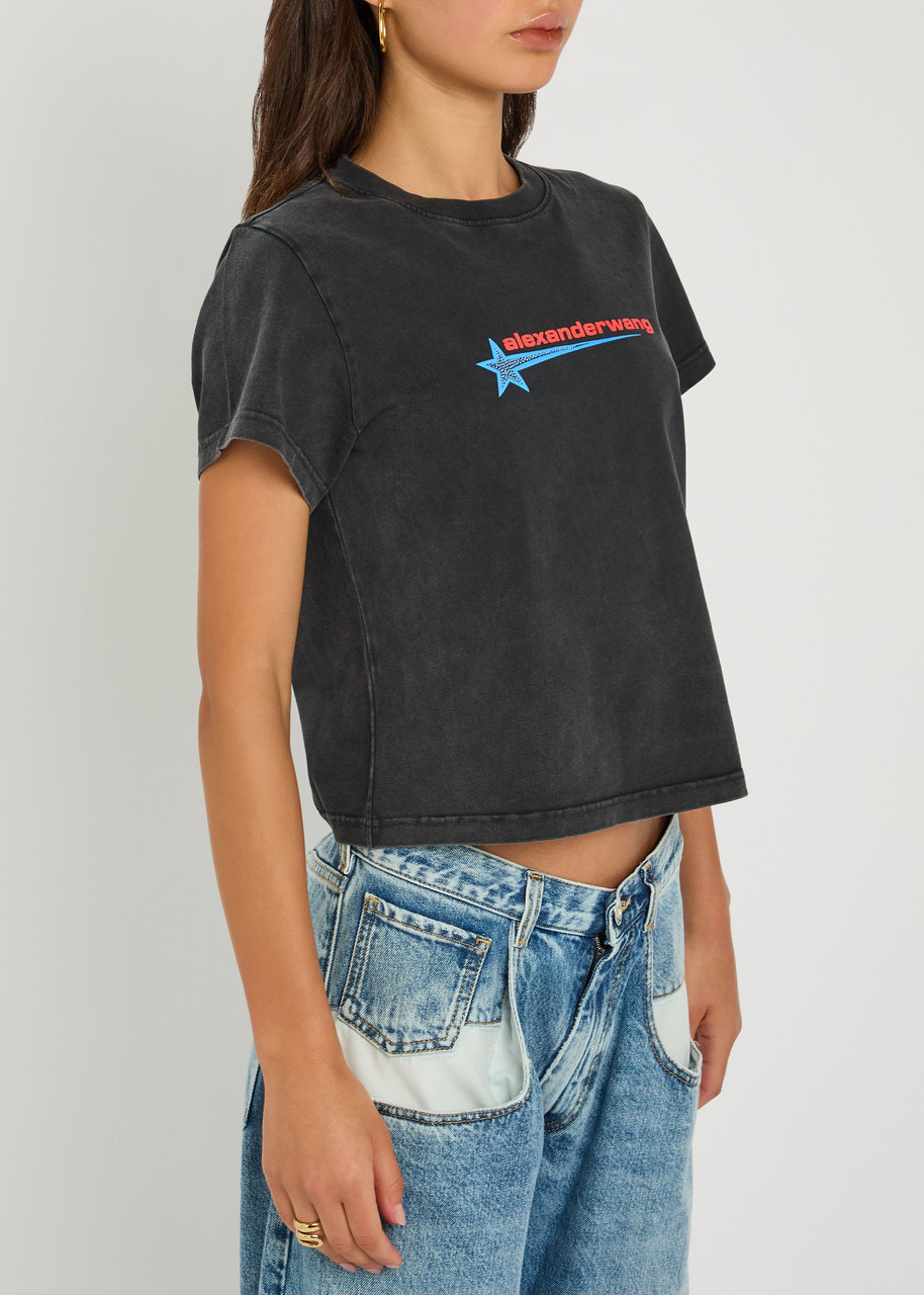 Alexander Wang Logo-print Embellished Cropped Cotton T-shirt In Black