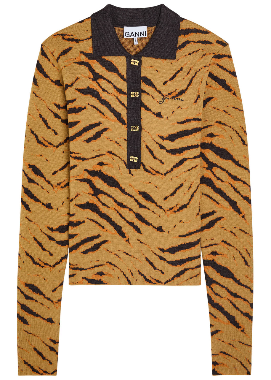 Ganni Tiger-jacquard Merino Wool Polo Top In Animal Print
