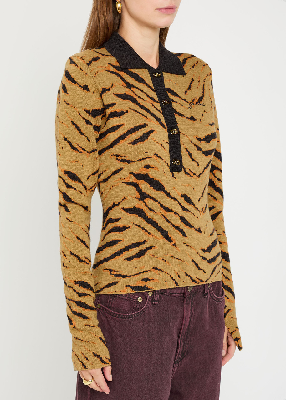 Ganni Tiger-jacquard Merino Wool Polo Top In Animal Print