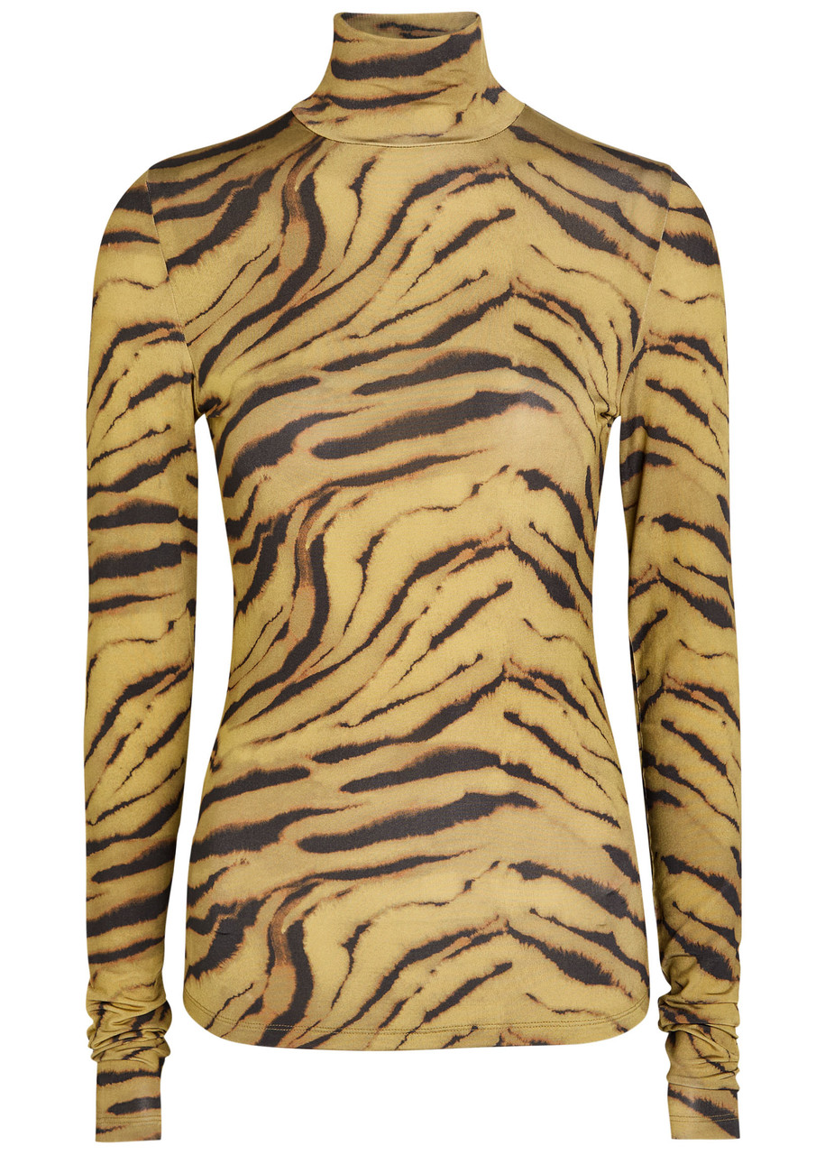 Ganni Printed Turtleneck Stretch-jersey Top In Brown