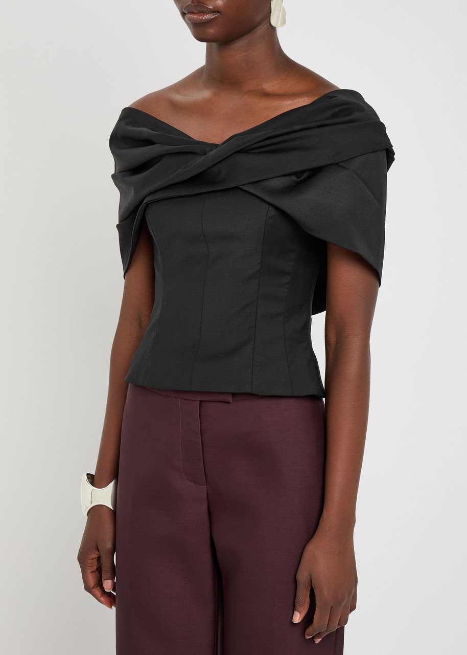 Tove Orrla Fold-over Wool-blend Top In Black