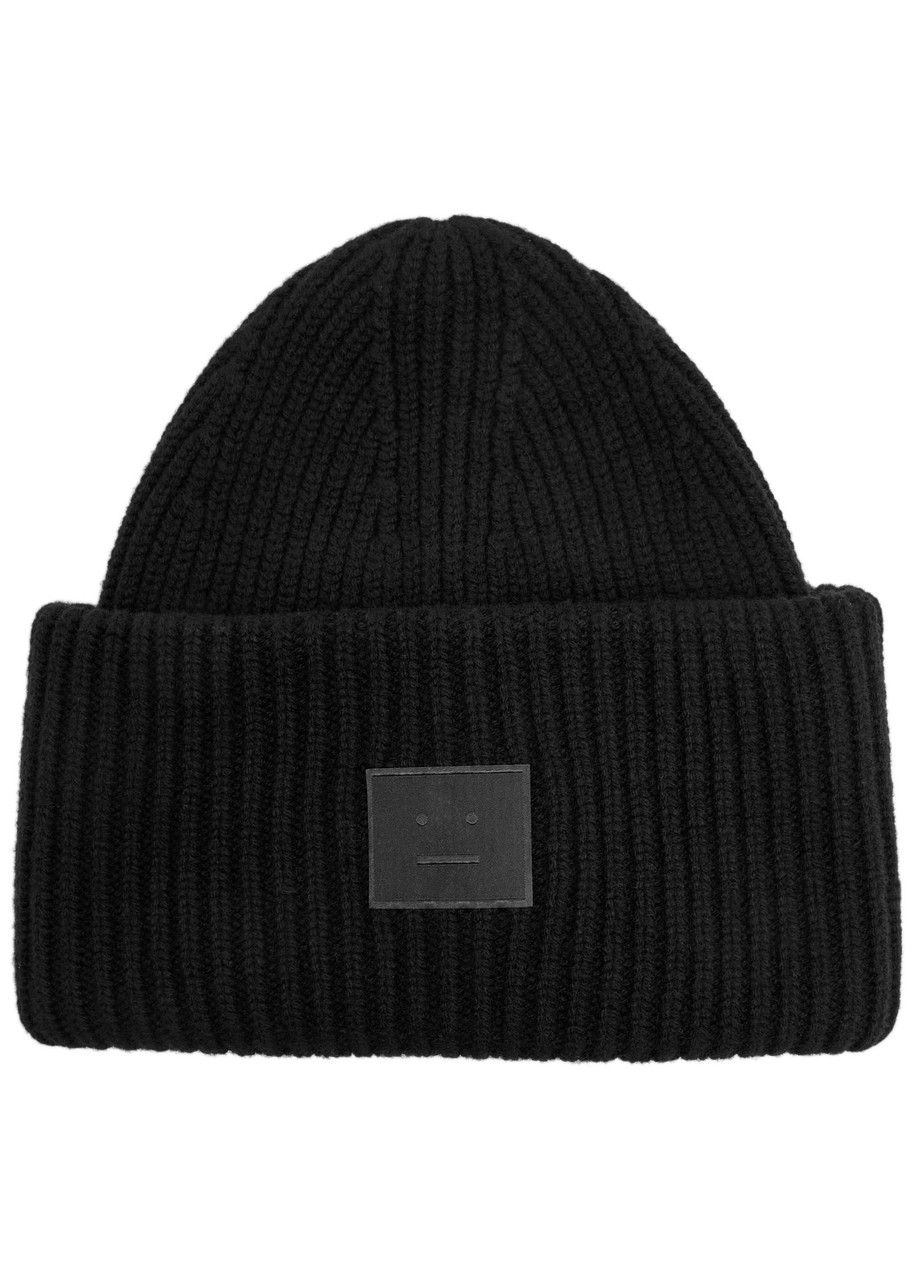 Acne Studios Pansy Face Ribbed Wool-blend Beanie In Black