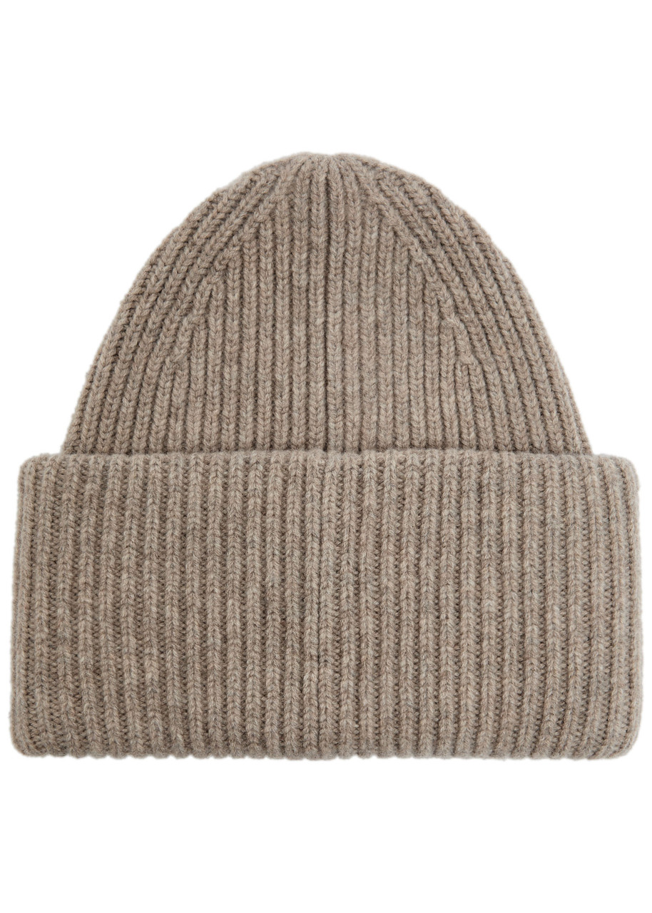 Acne Studios Pansy Face Ribbed Wool-blend Beanie In Brown