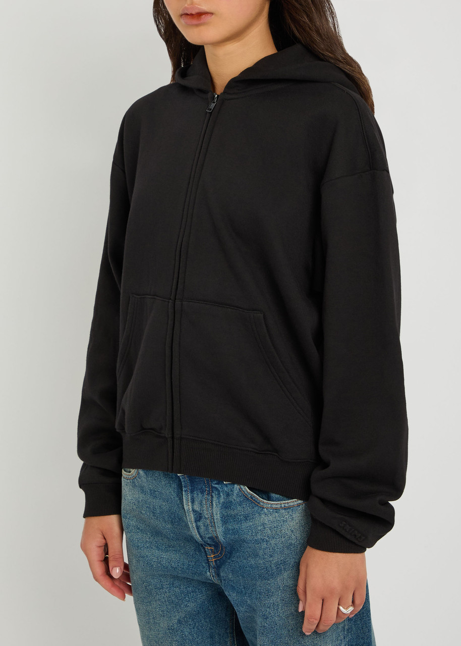 Skims Zip-up Cotton-blend Hooded Sweatshirt In Black