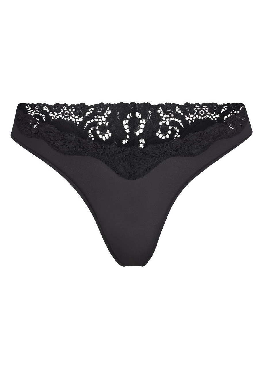 Skims Stretch-jersey Lace Trim Thong In Black