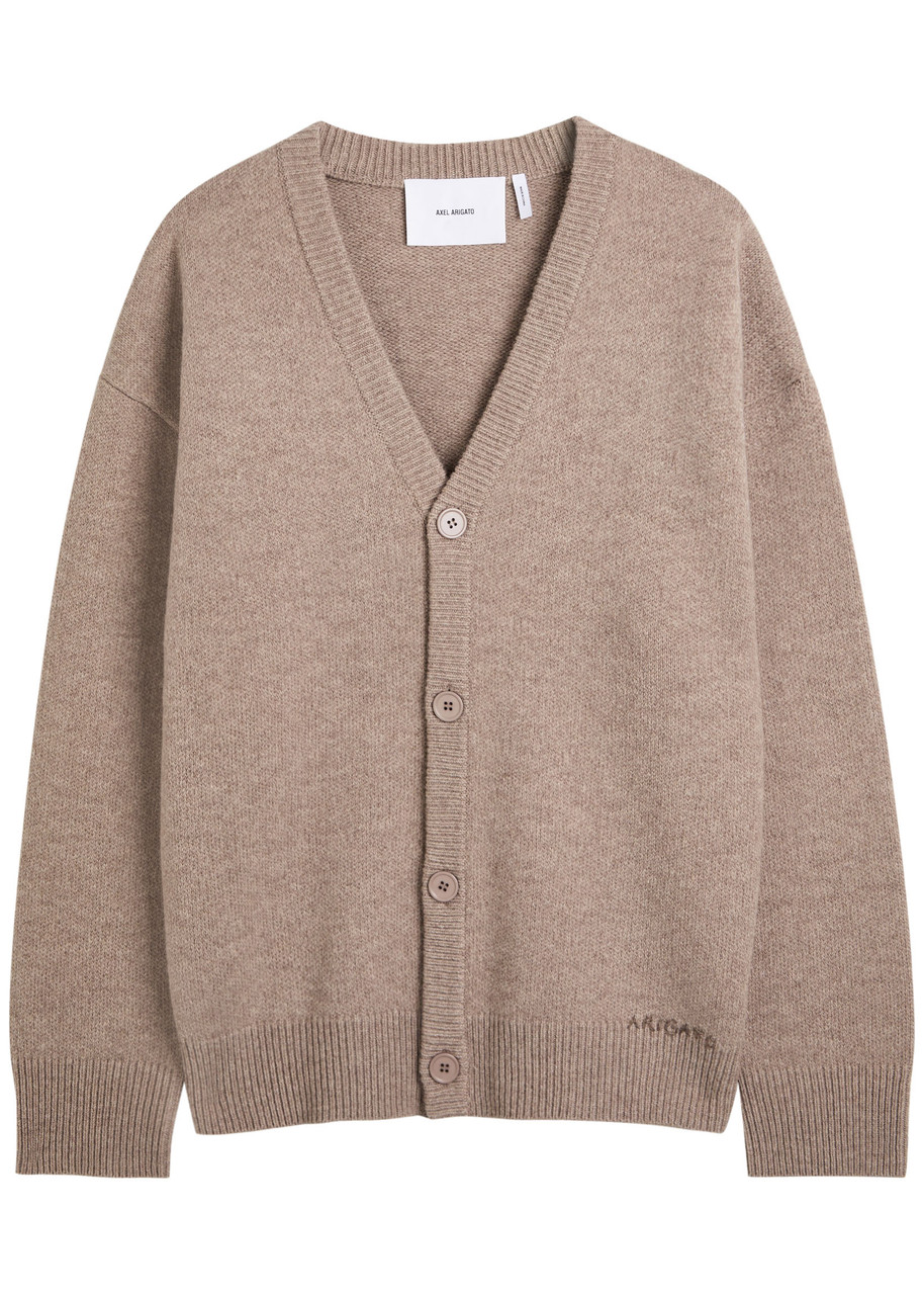 Axel Arigato Relaxed Fit V-neck Wool Cardigan With Embroidered Logo In Brown
