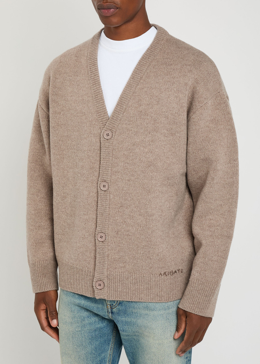 Axel Arigato Relaxed Fit V-neck Wool Cardigan With Embroidered Logo In Brown