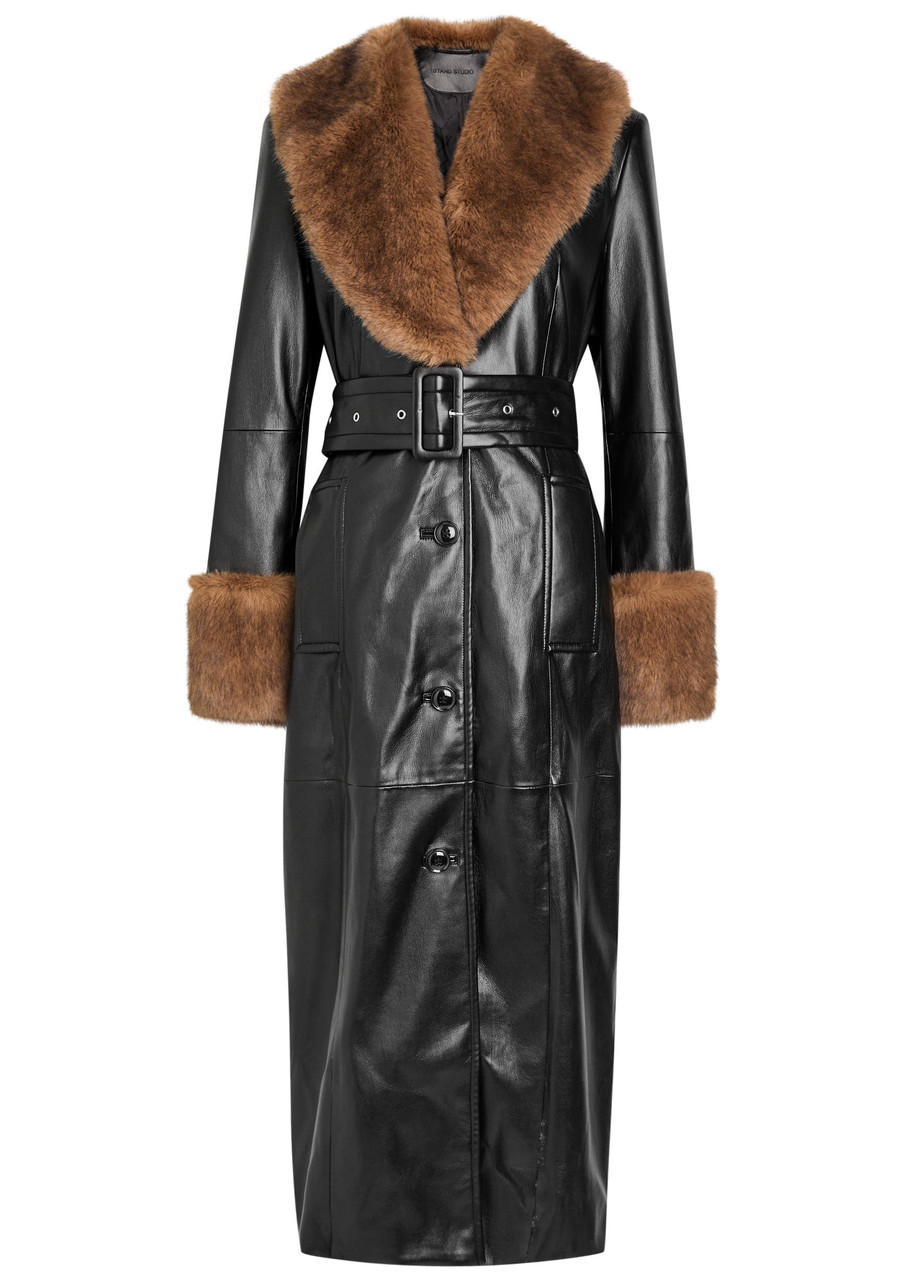 Stand Studio Estella Faux Fur-trimmed Faux Leather Coat In Black