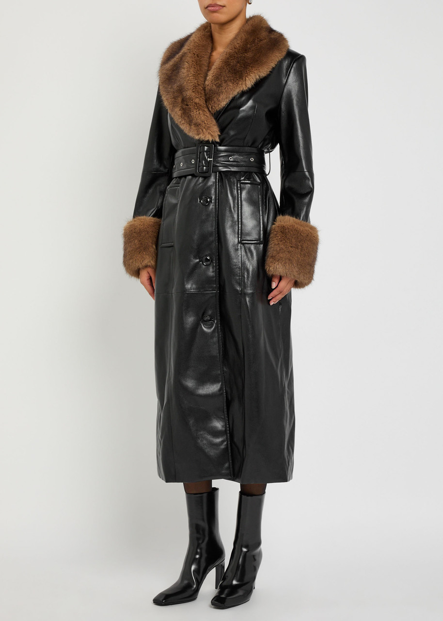 Stand Studio Estella Faux Fur-trimmed Faux Leather Coat In Black