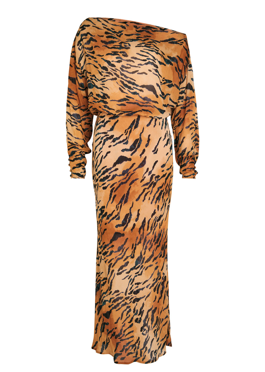 Never Fully Dressed Tilly Tiger-print Chiffon Midi Dress In Multi
