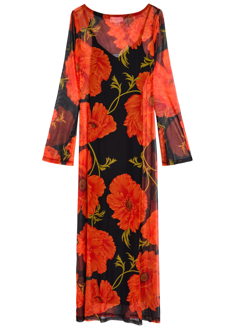Never Fully Dressed Floral-print Mesh Midi Dress - Black Red - 16 (UK16 / XL)