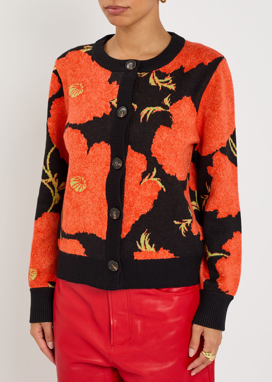 Never Fully Dressed Floral-intarsia Knit Cardigan In Orange