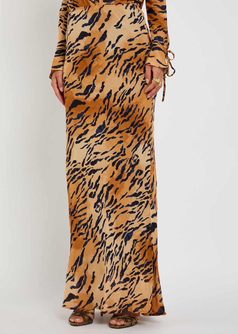 Never Fully Dressed Dorris Tiger-print Chiffon Maxi Skirt In Brown