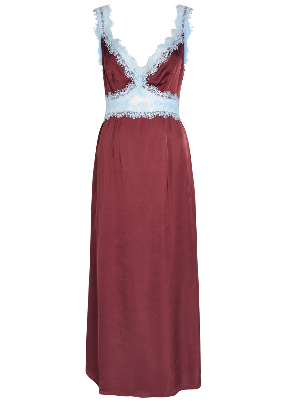 Never Fully Dressed Mimi Lace-trim Satin Midi Dress In Burgundy